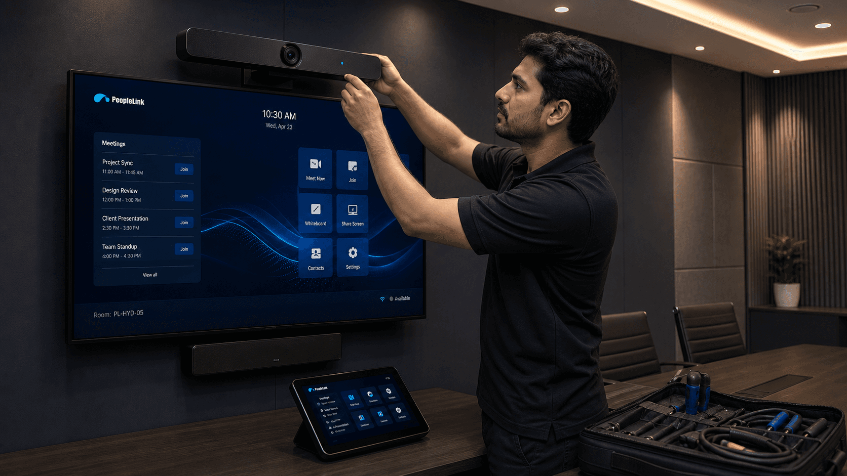 PeopleLink technician installing a video bar in a meeting room