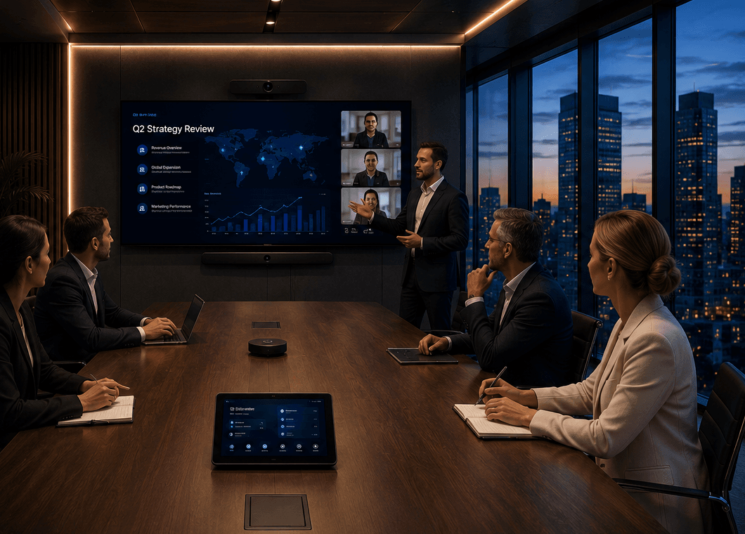 A PeopleLink-equipped meeting room in use